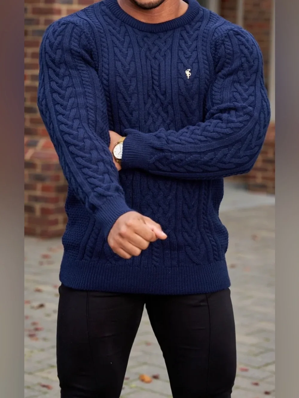 FATHERS & SONS NAVY TWISTED BRAID WEAVE HEAVY SWEATER GOLD  LOGO FSJ036; size XL